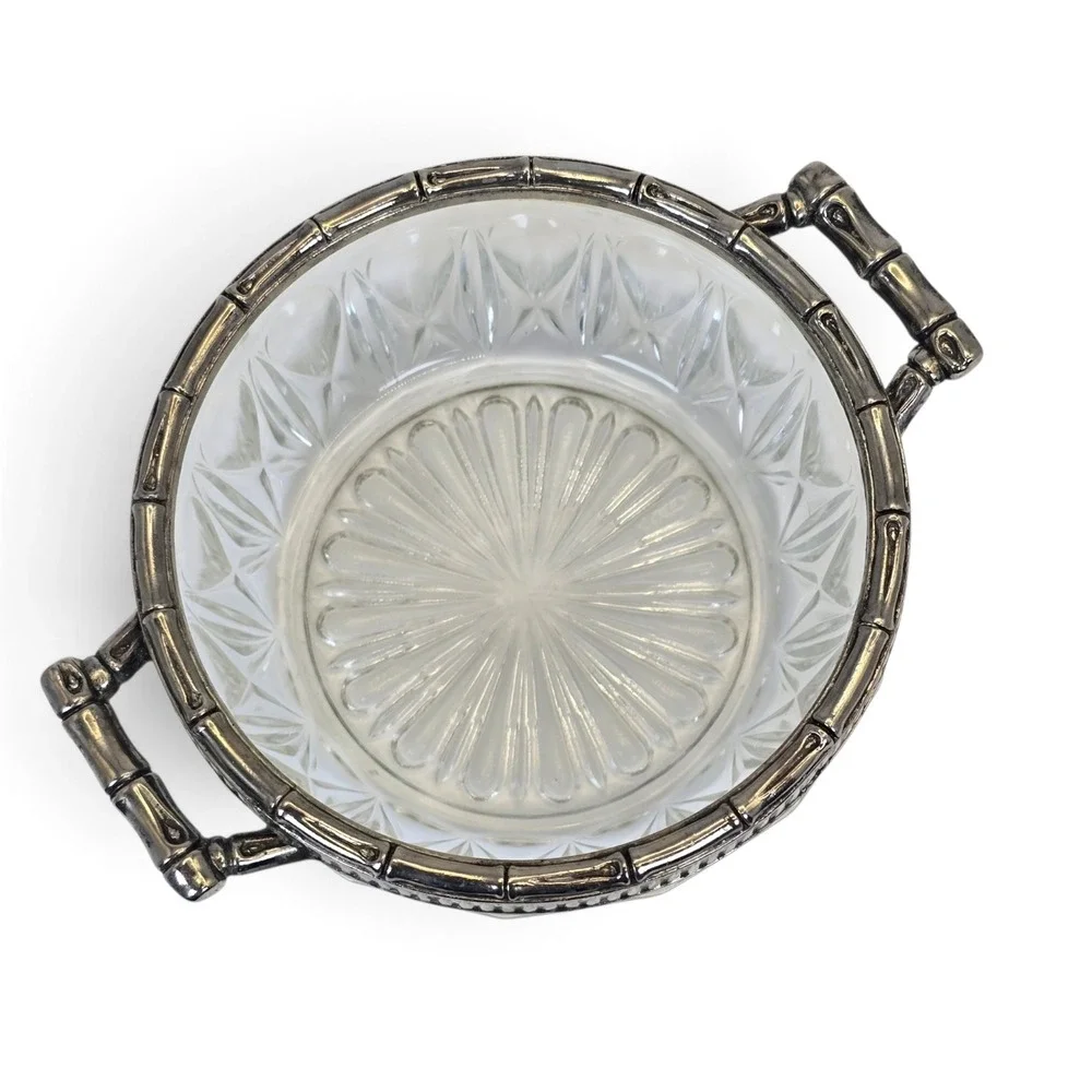 Vintage Reims France Cut Crystal Silverplate Bamboo Handle Serving Bowl